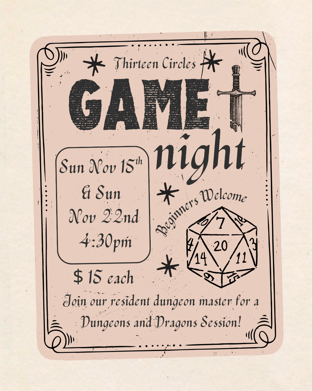 Dungeons & Dragons - Thirteen Circles Game Nights - Sun Nov 15th & 22nd 4:30pm